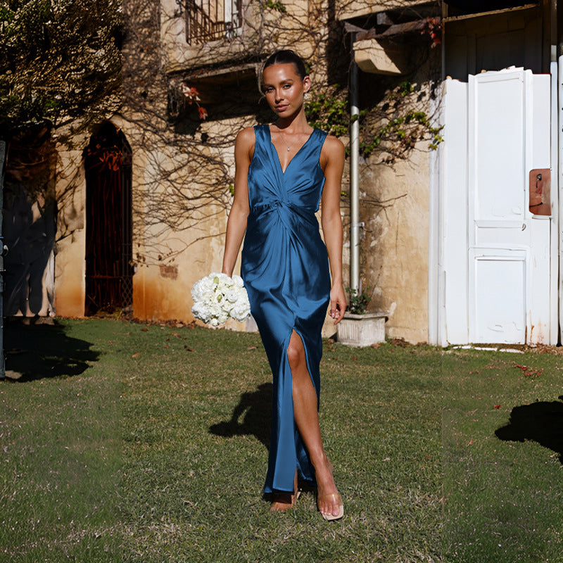 V Neck Sleeveless Solid Color Sheath Dress