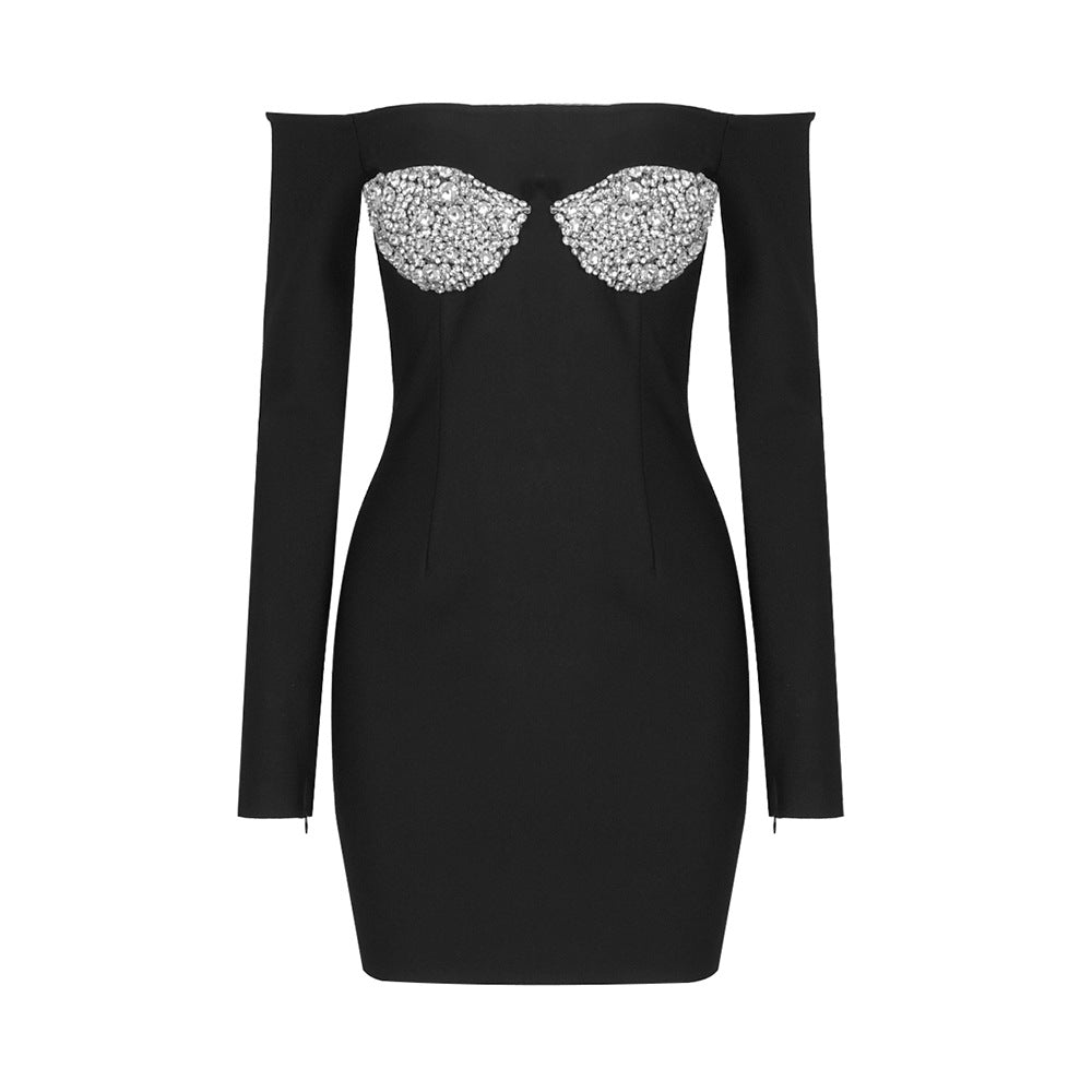 Black Heavy Industry Sequin Diamond Decorations Chest Cup Strapless Stretch Dress Bandage Dress Evening Dress