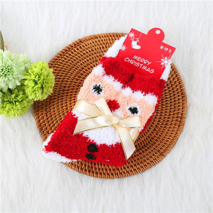 Coral Fleece Thick Bow Santa Tree Elk Christmas Socks