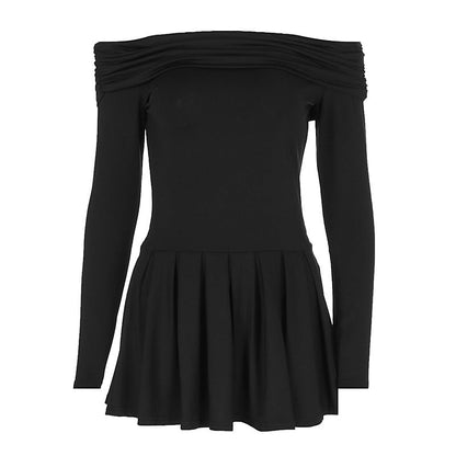 off the Shoulder Slim Fit Long Sleeved Pleated Dress