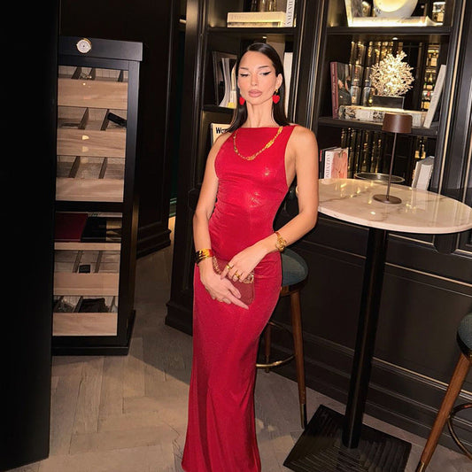 Fashionable Red Elegance Sleeveless Maxi Dress Slim Fit Backless Evening Dress for Ladies