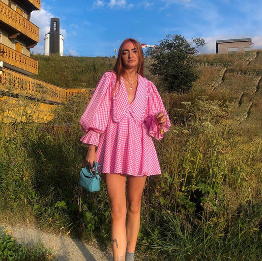 Pink Plaid Doll Collar Long Sleeve Dress GracefulA line Dress