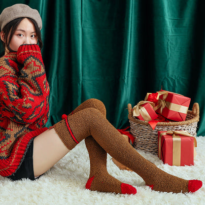 Plush Coral Fleece Cartoon Knee High Christmas Socks