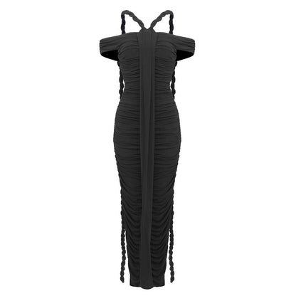 Elegant Graceful Off Neck Braid Pleated High Waist Figure Flattering Sheath
