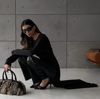 Irregular Asymmetric Slit Solid Color round Neck Long Sleeved