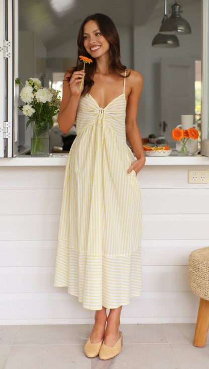 V neck Striped Spaghetti Straps Dress