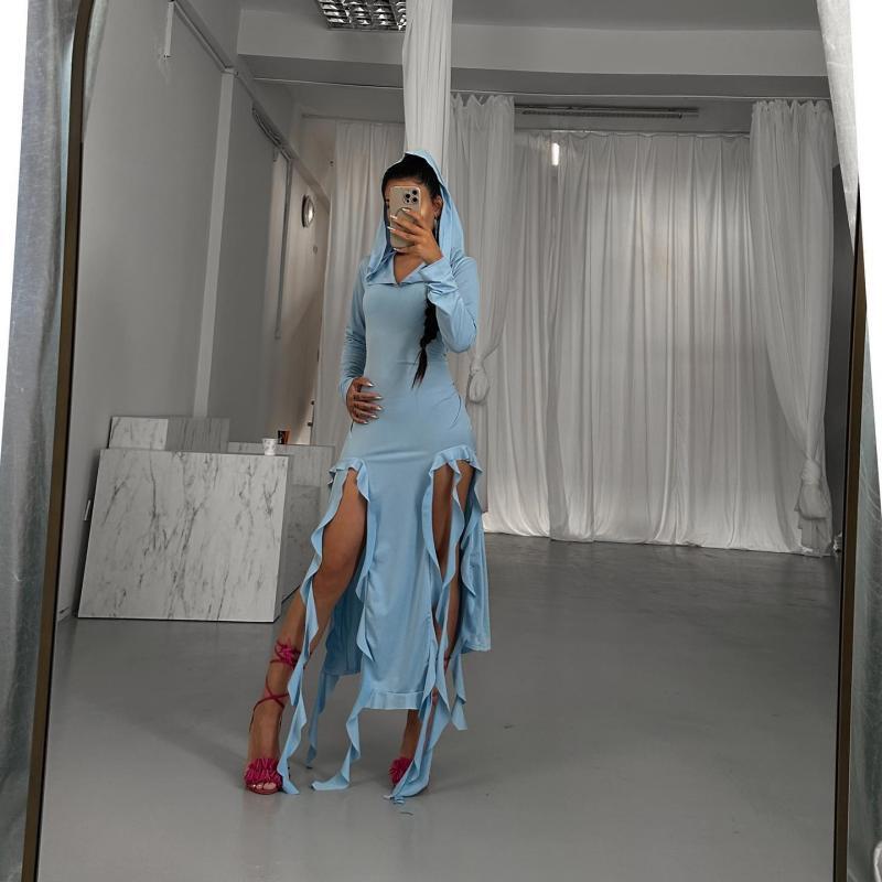 Popular Trend Ruffled Stitching Long Sleeve Hooded Irregular Asymmetric Dress