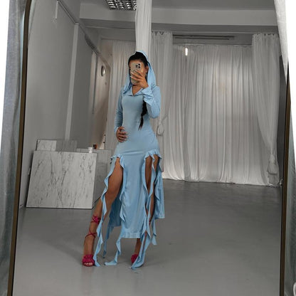 Popular Trend Ruffled Stitching Long Sleeve Hooded Irregular Asymmetric Dress