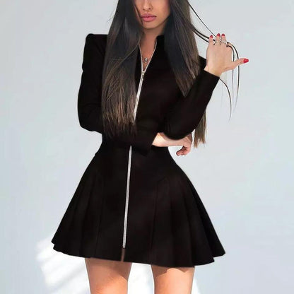 Fashionable Fitted Long Sleeve Pleated Faux Leather Zipper Dress
