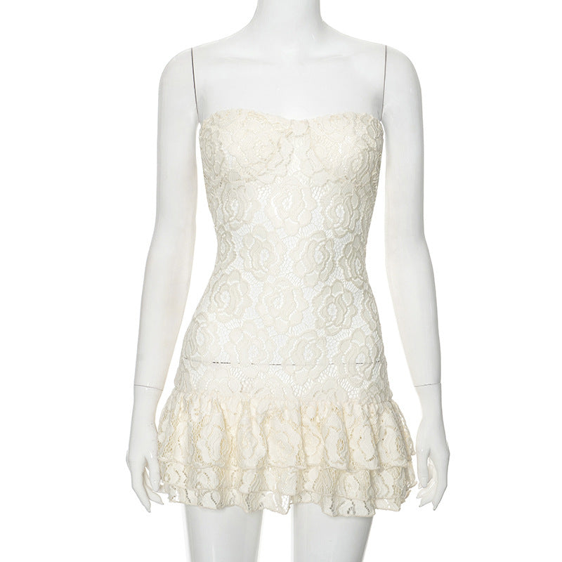 Solid Color Tube Top Lace See Through High Waist Dress