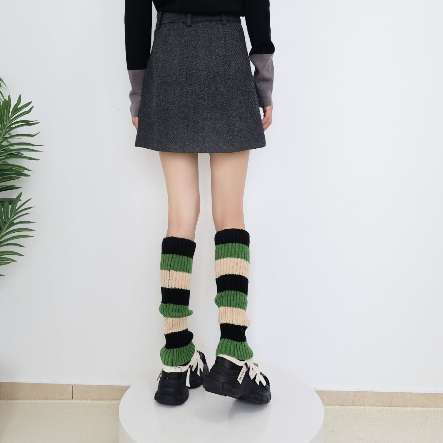 Knit Striped Color Block Slouchy Red Christmas Leg Warmers