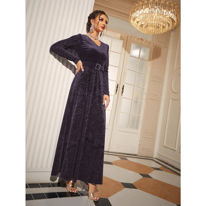 V neck Long Sleeve High Waist Lace up Velvet Elegant Dress