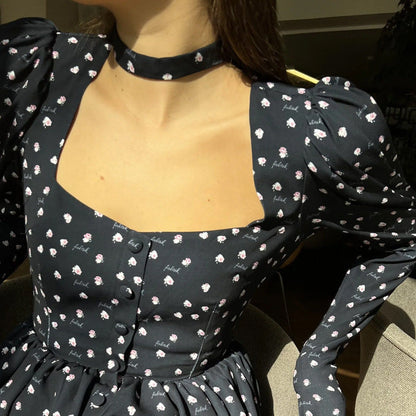 Tea Break French Dress Collar Square Collar Long Sleeve Printing Casual A line Dress