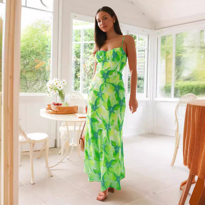 Fresh Sweet Floral Print Backless Mid Length Dress