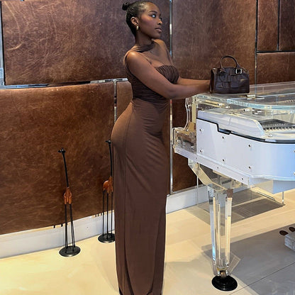 Solid Color Dress Tube Top Halter Cold Shoulder Sleeveless Maxi Dress