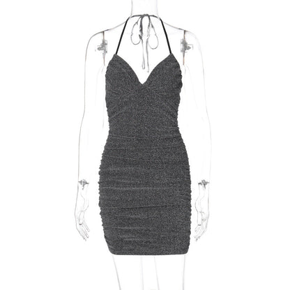 Pure Slip Dress Bright Silk V neck Halter Pleated Midi