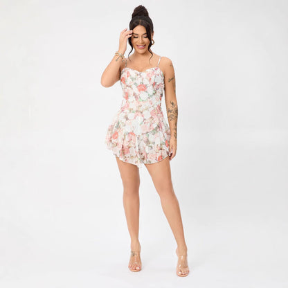 Floral Adjustable Shoulder Strap Ruffled Hem Mini Dress