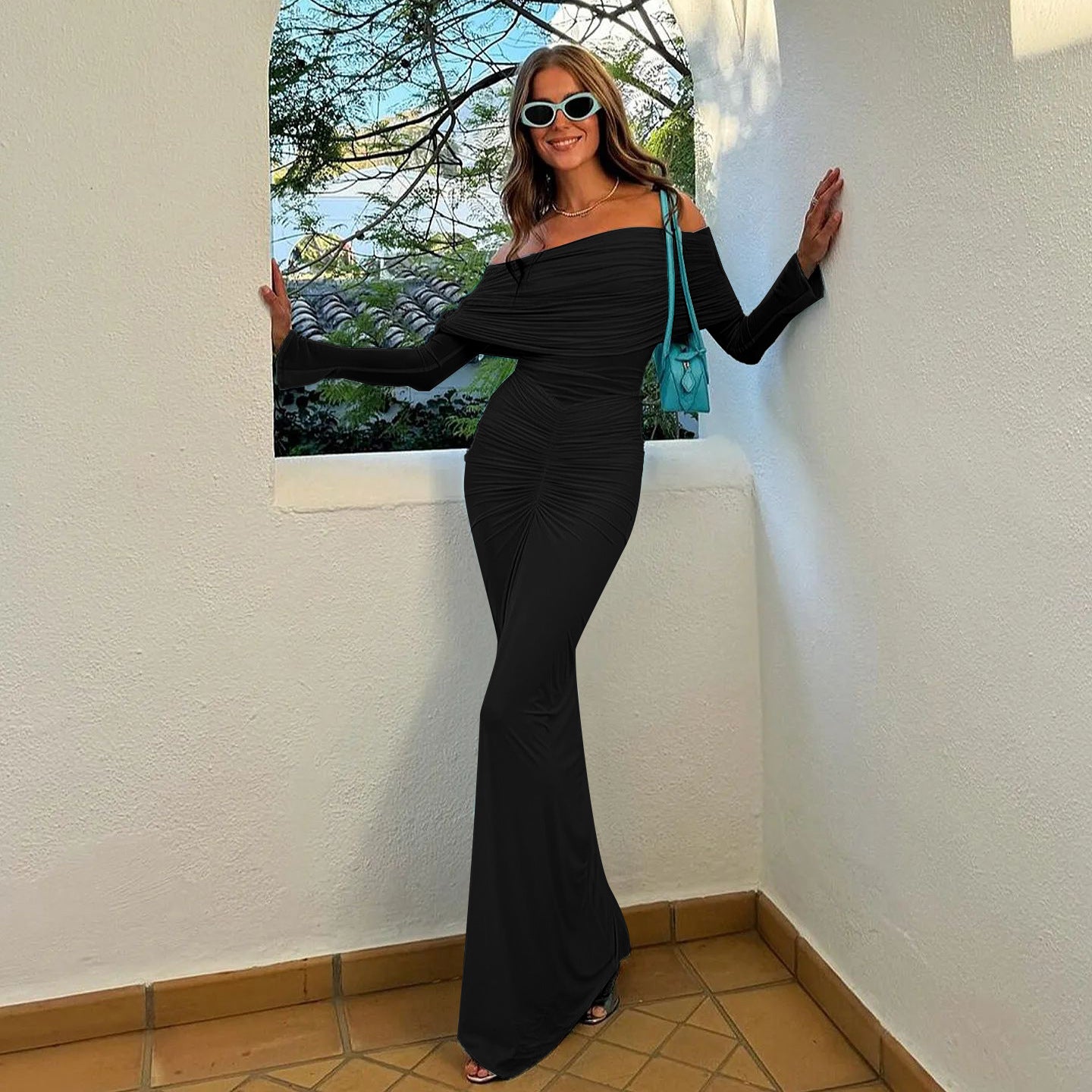 Off Shoulder Mesh Pleated SocialiteElegant Micro Transparent Slim Fit Maxi Dress