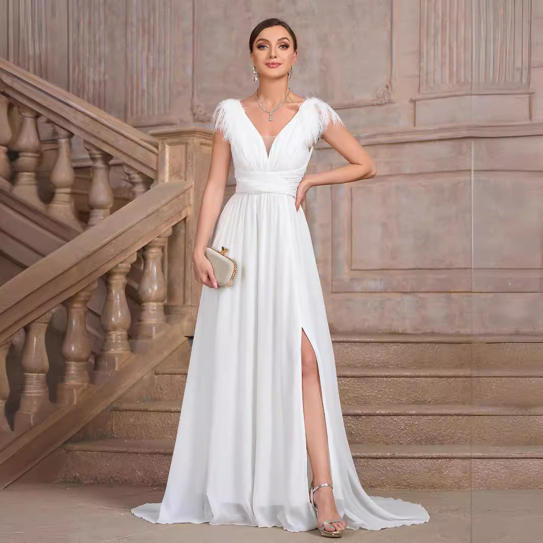 Solid Color V neck Backless Velvet Collar Chiffon Split Elegant Slim Fit Cocktail Evening Dresses