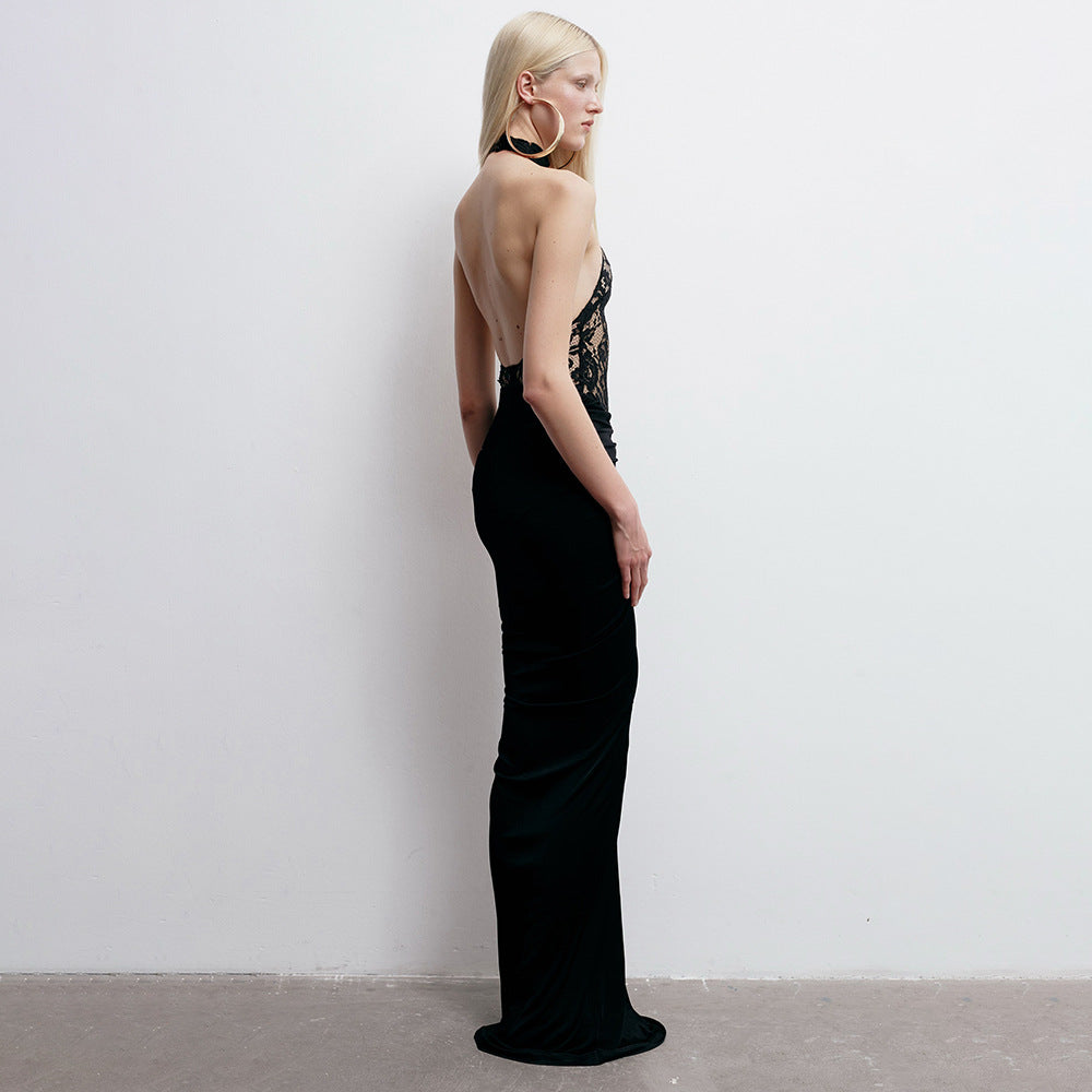 Sheer Cutout Lace Breathable Backless Sleeveless Black Slim Fit Dress Stretch