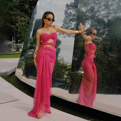 Tube Top off Neck See through Tied Slim Fit Dress for