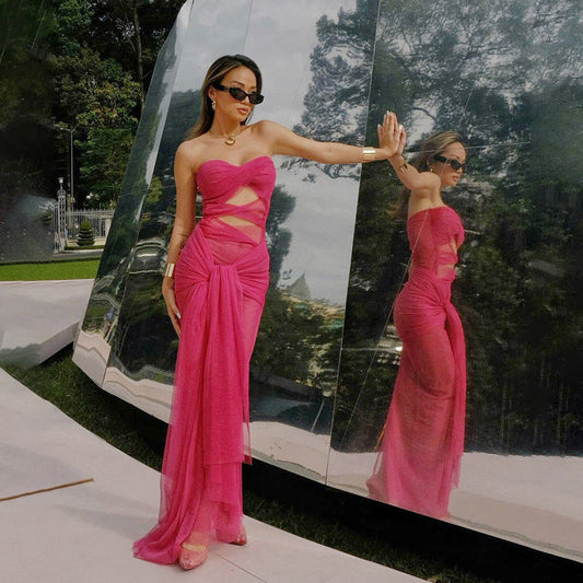 Tube Top off Neck See through Tied Slim Fit Dress for