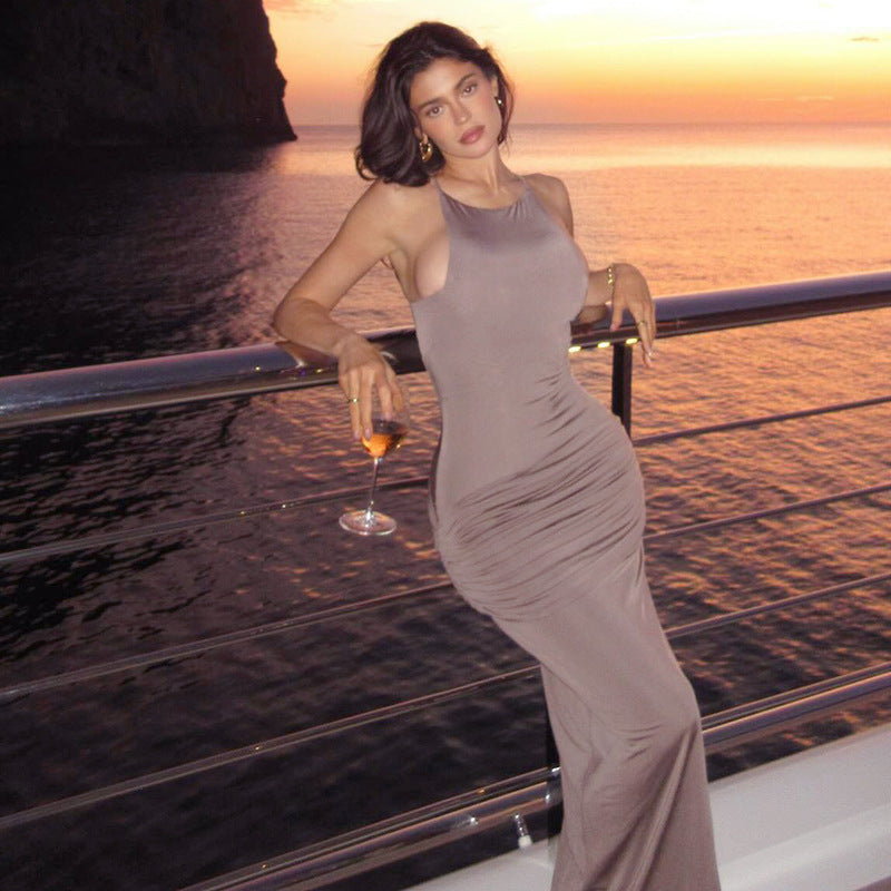 Solid Color Bare Back High Waist Sling Dress