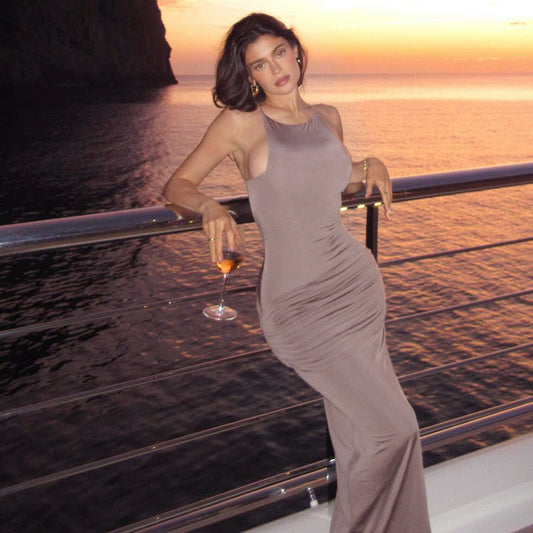 Solid Color Bare Back High Waist Sling Dress