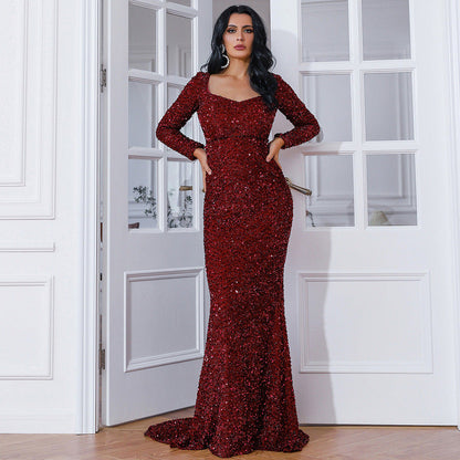 Fishtail Off Neck Long Sleeved Dress Mid Length Wedding Toast Dress Black Evening