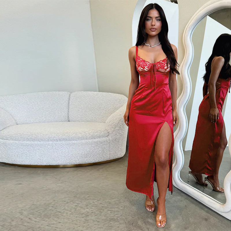 Maxi Dress Socialite Elegant Slim Satin Split Sling Dress