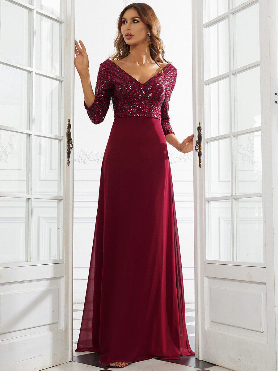 Middle East Chiffon Double V neck Dress A line Large Hem Sequin Stitching Evening Dress