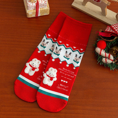 Cartoon Moose Santa Mid-Calf Crew Straight Christmas Socks