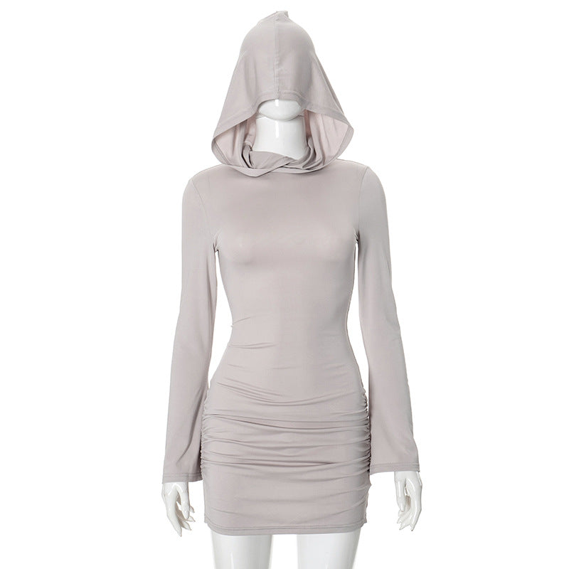 Solid Color Long Sleeve Hooded Pleated Hip High Waist Short Dress