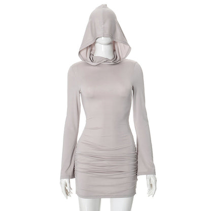 Solid Color Long Sleeve Hooded Pleated Hip High Waist Short Dress