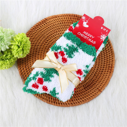 Coral Fleece Thick Bow Santa Tree Elk Christmas Socks