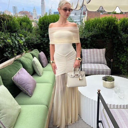 Tube Top Pleated Mesh Slim Fit Patchwork Dress Two Piece Set