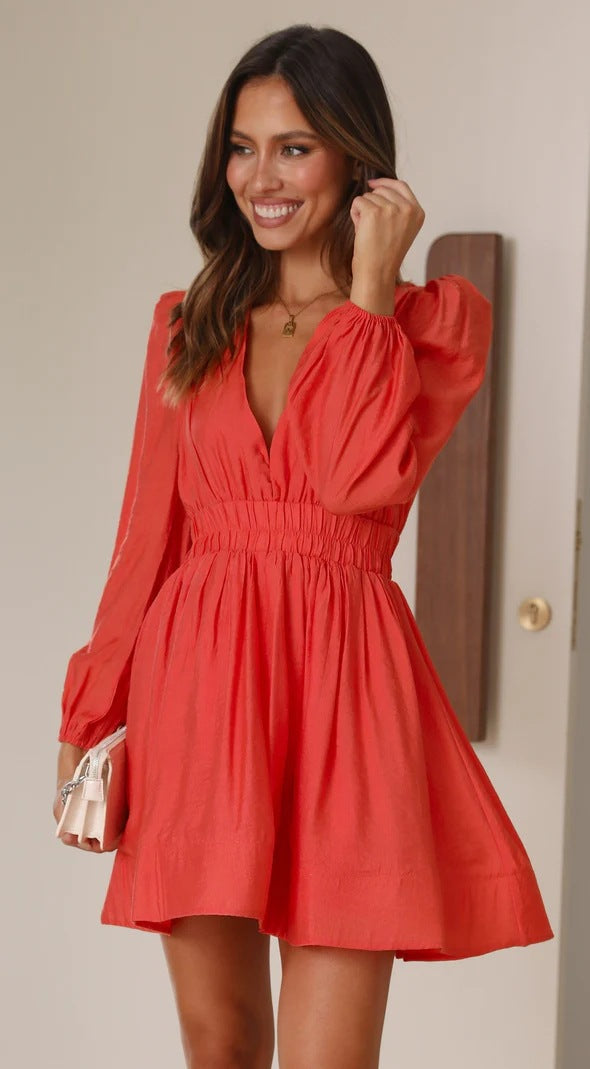 Slimming Deep V Plunge Fitted Waist Pleated Long Sleeve Dress