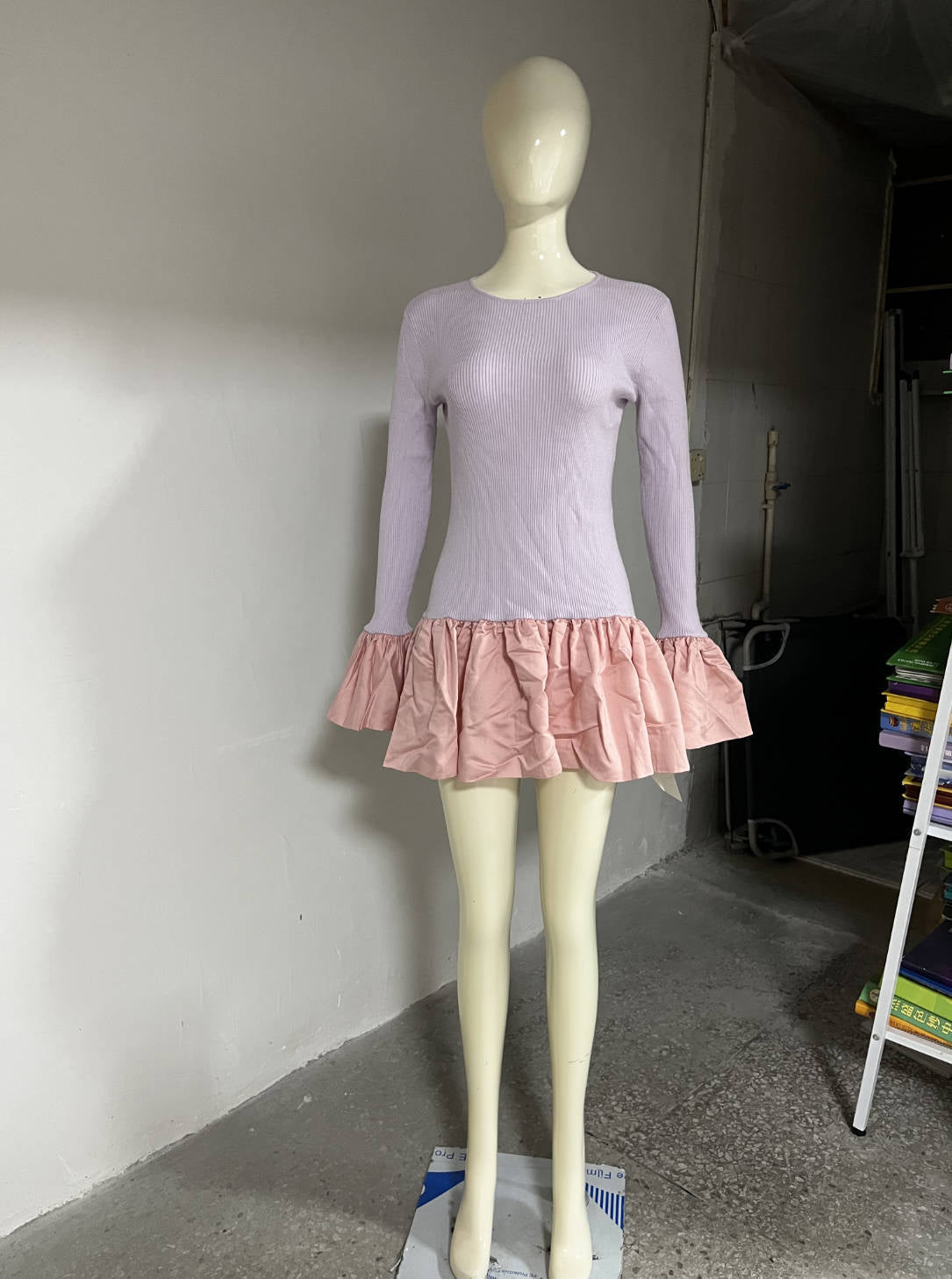 Sweet Stretch Knitted Puff Short dress Long Sleeve Ball Bell Sleeve Stitching