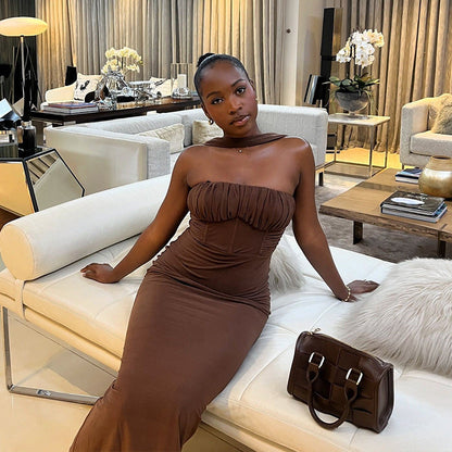 Solid Color Dress Tube Top Halter Cold Shoulder Sleeveless Maxi Dress