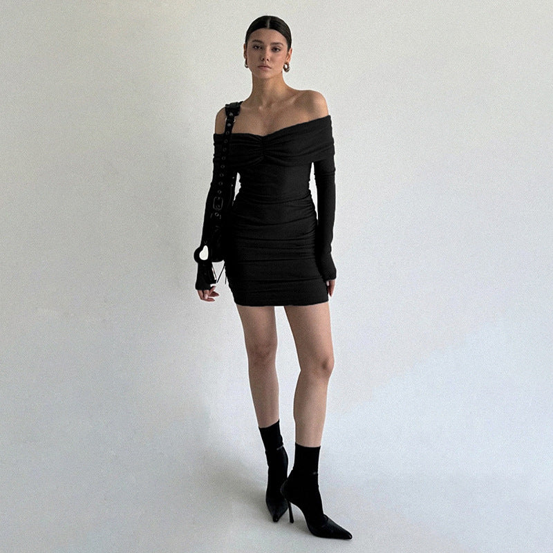 Pleated off the Shoulder Long Sleeve Slim Sheath Short Dress