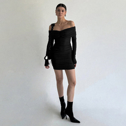 Pleated off the Shoulder Long Sleeve Slim Sheath Short Dress