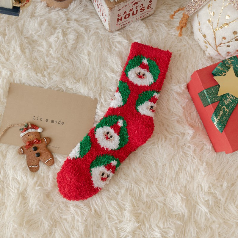 Thick Coral Fleece Cute Reindeer Snowman Christmas Socks