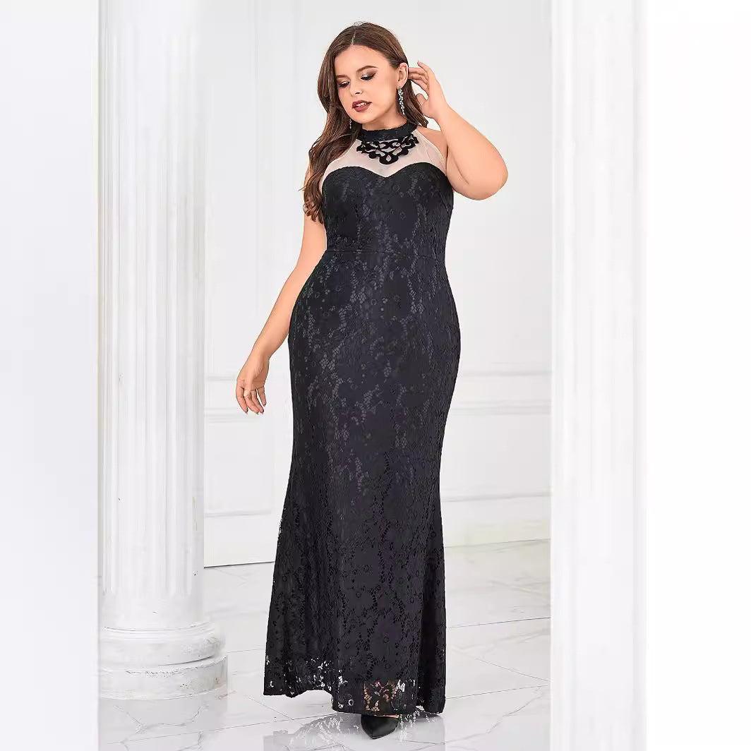 Plus Size Solid Color Small Round Neck Sleeveless Dress Elegant Slim Fit Sheath Cocktail Evening Dress