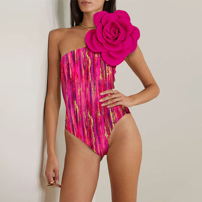 Rose Flame One-Shoulder Swimsuit Set - Rose Red