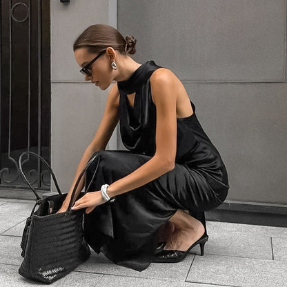 Design Black Thin Soft Matte Satin Swing Collar off Shoulder Elegant Dress Self Tie