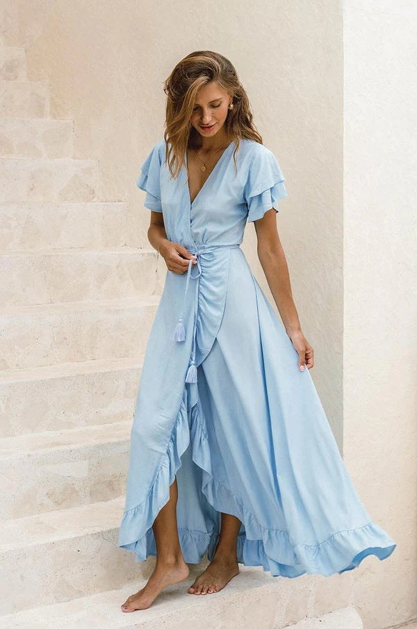 V Neck Short Sleeve Dress Split Dress