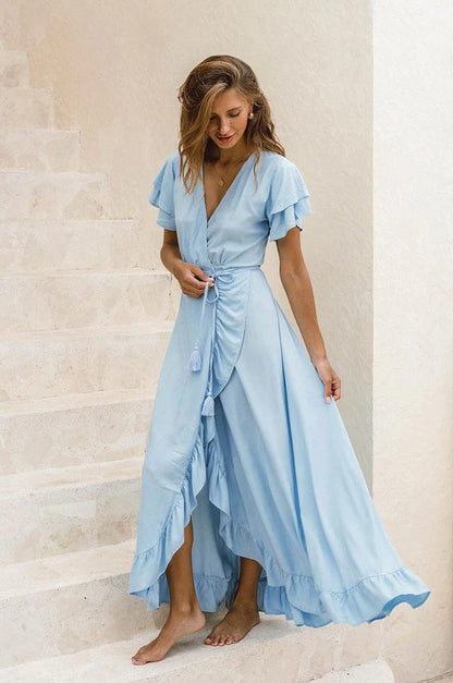 V Neck Short Sleeve Dress Split Dress