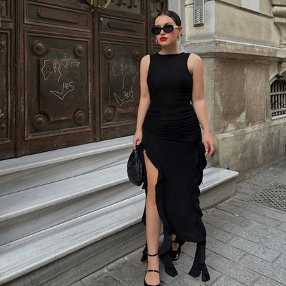 round Neck Flounce Slim Fit Slit Dress Girls