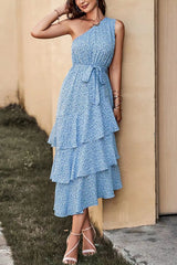 Green One Shoulder Ruffle Trim Dress With Print S / Red One Shoulder Print Maxi Dress