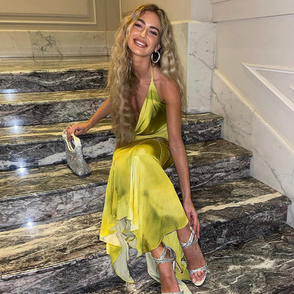 Elegant Slightly Mature Halter Deep V Plunge Printed Long Lotus Leaf Dress